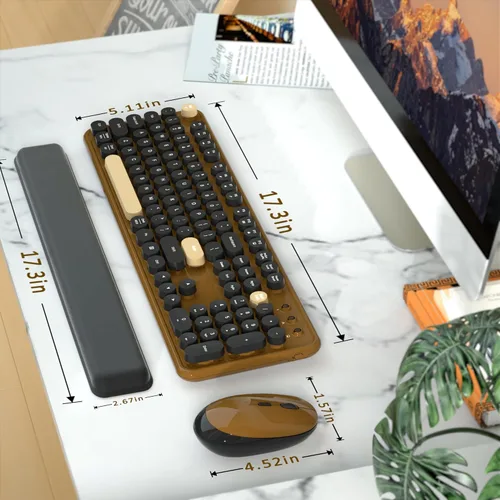 Vista 6 de Combos de teclados de computadora inalámbricos y mouse, teclado retro colorido de máquina de escribir COVEVA con teclas redondas, set de teclado