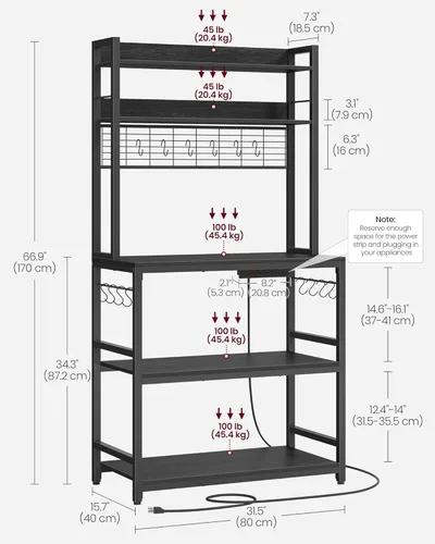 Vista 42 de VASAGLE Hutch - Estante para panaderos con toma de corriente, soporte para microondas de 14 ganchos, barra de café ajustable con panel de alambre