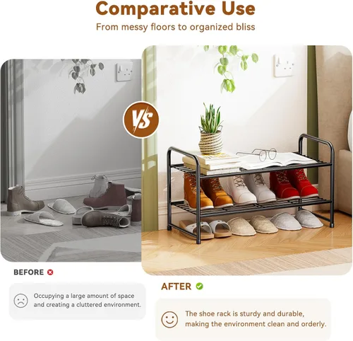 Vista 5 de Zapatero de metal de 2 niveles para armario, apilable, negro