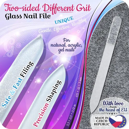 Vista 3 de GLADZY Lima de uñas de cristal checo con estuche, lima de uñas de cristal grabado para uñas naturales, superficie de grano diferente de doble cara