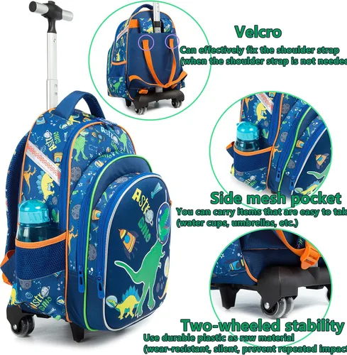 Vista 6 de Egchescebo Mochila con ruedas para niños, 3 unidades, con ruedas, carrito con ruedas, Azul-konglong, Mochilas de viaje
