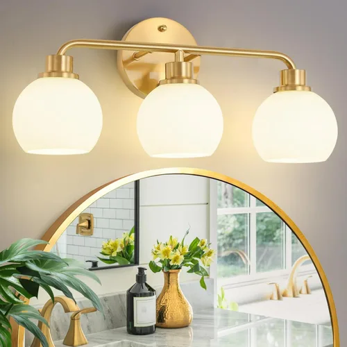 Vista 10 de Lámpara cromada para tocador de baño, lámparas sobre el espejo, 3 lámparas de pared, luces plateadas con globos de leche, pantallas de vidrio