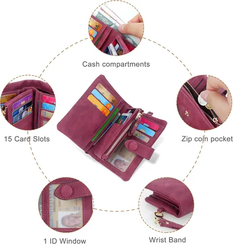 Vista 8 de CONISY Billeteras pequeñas de pulsera para mujer, billetera de cuero plegable RFID con ventana de identificación y cremallera