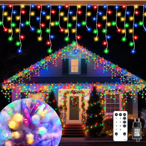 Luces de Navidad de Hielo para Exteriores, Tira de Luces de Hadas Multicolor de 33 Pies con 306 LED, 8 Modos, Enchufables, Decoración de Árbol de