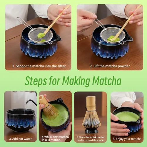 Vista 4 de TEANAGOO 7 piezas juego de batidor matcha, juego de matcha para ceremonia, juego de matcha Junware-Azul, juego de té matcha para hacer
