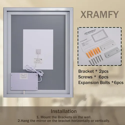 Vista 6 de XRAMFY Espejo de baño LED de 38 x 26 pulgadas con luces, espejo de pared con luz delantera y trasera, espejo de tocador de 3 colores con luces