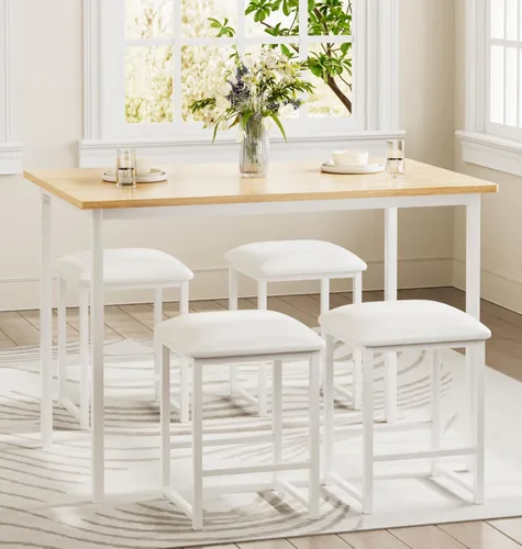 Vista 3 de VECELO Mesa y sillas de cocina para 4, juego de comedor con sillas/taburetes de poliuretano, marco de metal resistente, mesa de madera, diseño que