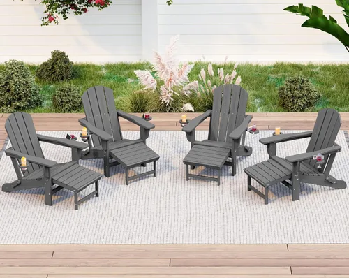 Vista 34 de KINGYES Silla Adirondack plegable ajustable con otomana, silla reclinable Adirondack HDPE con reposapiés, Apple