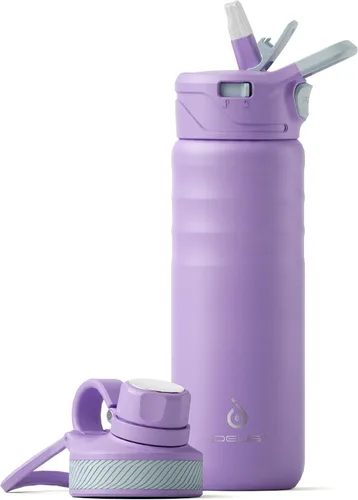 Vista 42 de IDEUS Botella de agua aislada de acero inoxidable con 2 tapas a prueba de fugas, termo para senderismo, ciclismo, 32 onzas, violeta