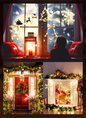 Vista 5 de Brightown 5 luces LED de Navidad para ventana, decoración de silueta iluminada, campana, reno, copo de nieve, estrella, funciona