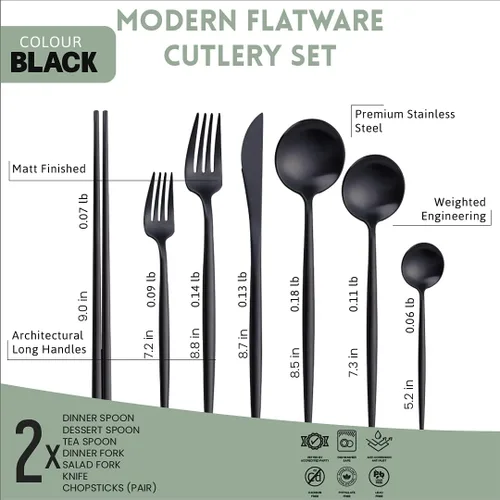Vista 2 de KiiZYs Juego de cubiertos negro mate Juego de cubiertos modernos de 14 piezas de acero inoxidable Palillos de metal para cocina, tenedor, cuchara