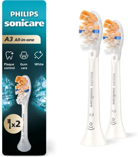 Philips Sonicare A3 Todo en Uno - Cabezales de repuesto genuinos para cepillo de dientes eléctrico, Blanco, 2 unidades, HX9092/77