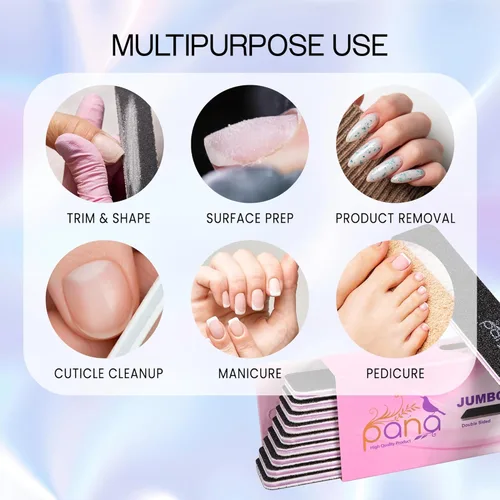 Vista 7 de 10 PIEZAS Limas de Uñas Profesionales PANA de Doble Cara Tamaño Jumbo - Negro, Grano 60/60 - Lima de Uñas Tipo Esmeril Lima Pulidora de Uñas