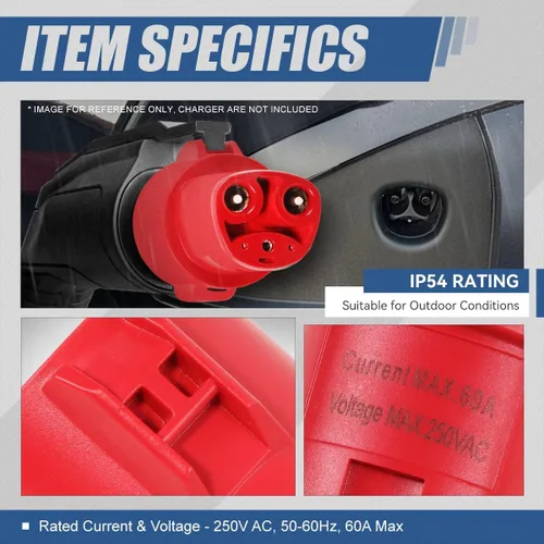 Vista 4 de Auto Dynasty SAE J1772 Adaptador de carga de enchufe a Tesla de 60 A / 250 V CA, compatible con Tesla Model 3/S/X/Y, rojo texturizado mate