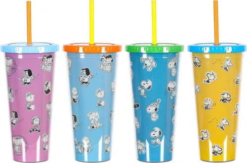 Peanuts Snoopy 70th Anniversary - Juego de vasos de doble pared de 23.6 onzas con tapas y pajitas