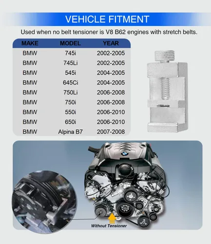 Vista 3 de sixcow 3458 Herramienta de instalación de correa de A/C para motores BMW V8 N62 W17, instalador de correa elástica, herramienta de instalación