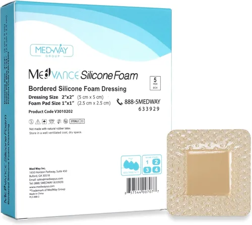 MedVance TM Silicone – Tamaño del apósito de espuma adhesiva de silicona con bordes, 2 x 2 pulgadas (almohadilla de 1 x 1 pulgada), caja de 5