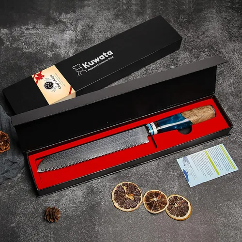 Vista 9 de Kuwata - Cuchillo Santoku profesional, cuchillo de cocina japonés de acero VG10 damasquinado, mango ergonómico de madera para chef, cuchillos