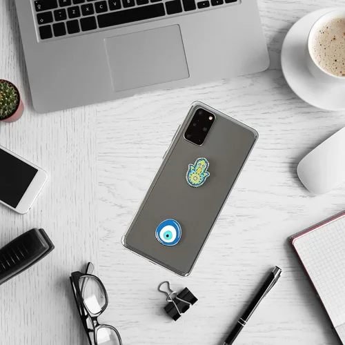 Vista 9 de Pegatinas de metal para fundas de celular. Blue Evil Eye y Hamsa. Juego de 2. Reutilizables y extraíbles. No deja residuos. Símbolos espirituales