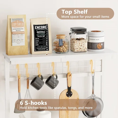 Vista 24 de Furologee Estante para hornear de cocina con toma de corriente, soporte para horno de microondas con almacenamiento de 4 niveles, mesa de café con 6