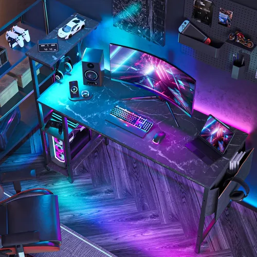 Vista 77 de Bestier Escritorio para juegos con tomas de corriente, escritorio LED grande de 61 pulgadas con estantes reversibles de 4 niveles, mesa
