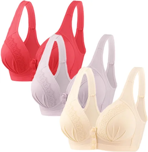 Vista 23 de Glamorette Snap Front Bra Older Women,Snap Front Bra, Sexy Lace Embroidered Bras,Pull-On Front Closure Button Bras 3 unidades de color negro.