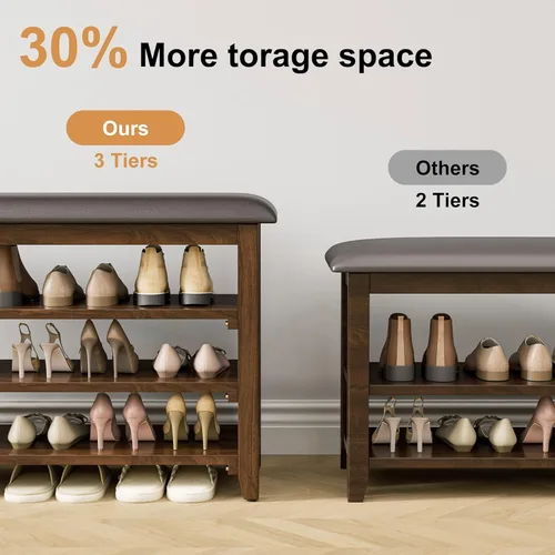 Vista 16 de Banco de zapatos con cojín de cuero, banco de entrada de madera maciza rústica con 2 estantes ajustables en altura y extraíbles para pasillo, sala