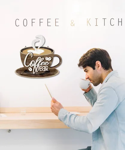 Vista 5 de Putuo Decor Arte de pared de barra de café, letrero de taza de café de doble capa con gancho, decoración de pared rústica para cocina, sala