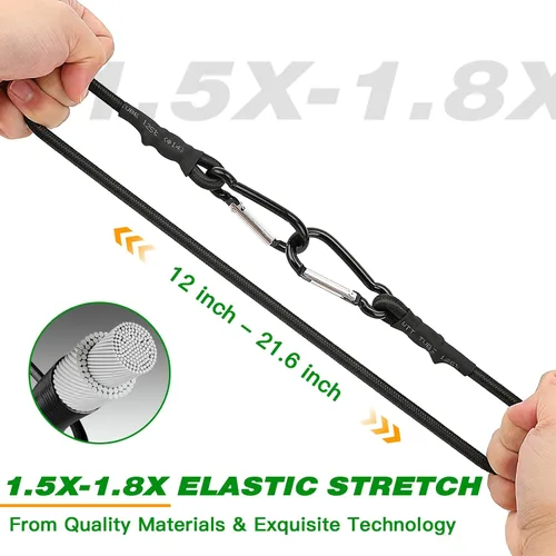 Vista 4 de RIO Direct Cuerdas elásticas con ganchos de mosquetón de 12 pulgadas, cuerdas elásticas negras resistentes para exteriores, correas elásticas