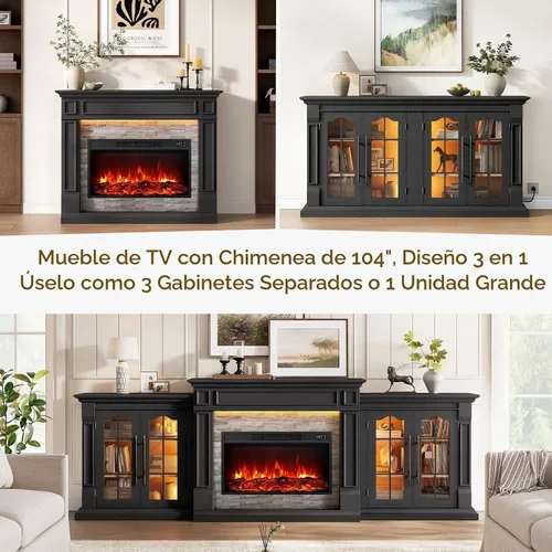 Vista 4 de 8-Color Electric Fireplace TV Stand, 104" Entertainment Center with Heater Negro
