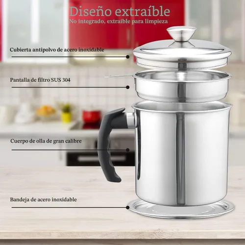 Vista 5 de Kyraton Contenedor de Grasa de Tocino con Colador, Recipiente de Aceite de Acero Inoxidable de 48 oz, Recipiente de Grasa de Olla con Tapa, Mango