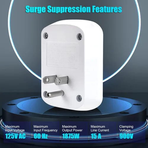 Vista 3 de Enchufe protector de sobretensión, adaptador de enchufe de pared con luz indicadora, 1 tomacorriente, 2200 julios/15A/1875W, blanco, paquete de 2