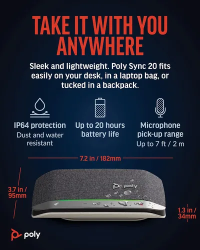 Vista 6 de Poly Sync 20 USB-A - Altavoz inteligente portátil personal (Plantronics) - Conéctate al móvil a través de Bluetooth, PCMac a través del cable USB-A
