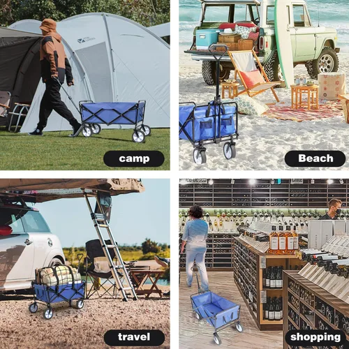 Vista 8 de Carrito plegable para compras con ruedas, carrito de compras con ruedas, carrito de playa resistente con red de carga y correas para jardín, patio