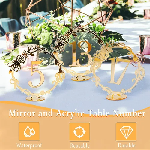 Vista 2 de Elegantes números de mesa de espejo - Números de mesa de recepción de boda de acrílico con soportes de encaje por Rely2016