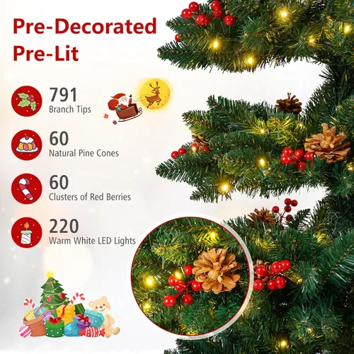 Vista 3 de DORTALA Árbol de Navidad de Lápiz Preiluminado de 7 Pies, Árbol de Navidad Artificial Delgado en Espiral con 220 Luces LED Blancas Cálidas, 791