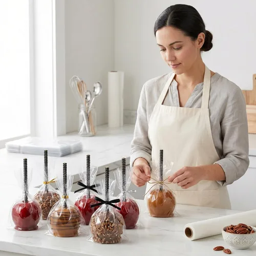 Vista 4 de Palitos de manzana de bambú con diamantes de imitación negros de 6 pulgadas para tartas pop, chocolate, caramelo, manzana, pinchos de bufé