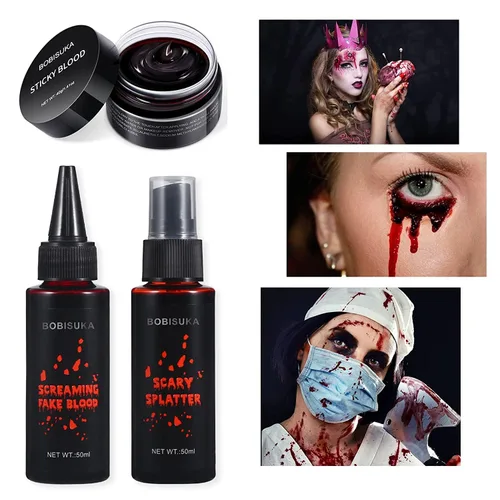 Vista 2 de BOBISUKA Kit de maquillaje de sangre falsa de Halloween de 3 piezas, coagulado de 1.41 onzas + spray de 1.76 onzas + goteo de 1.76 onzas, maquillaje