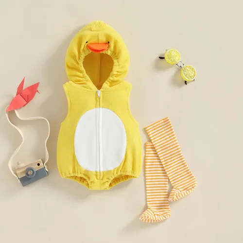 Vista 3 de Disfraz de Halloween con capucha para bebé pequeño, con cremallera de pato, aguacate, sin mangas, con medias, 2 piezas, trajes de cosplay Amarillo