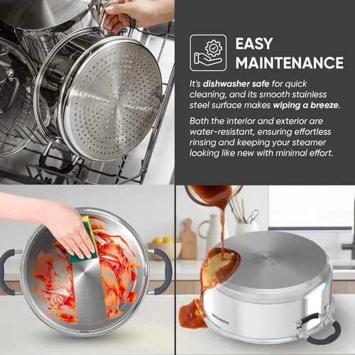 Vista 8 de SUNHOUSE - Ollas de vapor de 5.5 cuartos de galón con tapa, olla multiusos de acero inoxidable de 2 niveles con asa para verduras, albóndigas