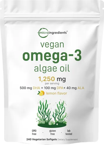Micro Ingredients Aceite de algas vegano Omega 3, 240 cápsulas blandas vegetales | Alternativa al aceite de pescado | DHA 500 mg y DPA 100 mg | Sin