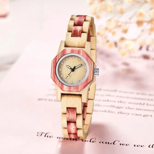 Vista 3 de Reloj de madera para mujer con correa de madera de cuarzo, analógico, colorido, relojes de madera de bambú para mujer, BS-WM01-MADERA