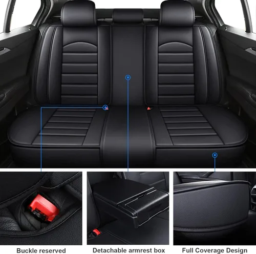 Vista 6 de Juego completo de fundas de asiento de automóvil de piel sintética impermeable, protector de asiento delantero y trasero, fundas de asiento negras