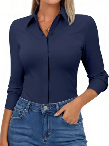 Vista 12 de Camisas con botones para mujer, ajustadas, de manga larga, elásticas, de vestir, camisa de trabajo, sin arrugas, blusa de oficina