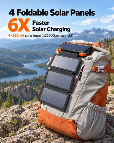 Vista 2 de BLAVOR Banco de energía solar 20,000mAh cargador portátil con 4 paneles Anaranjado encendido
