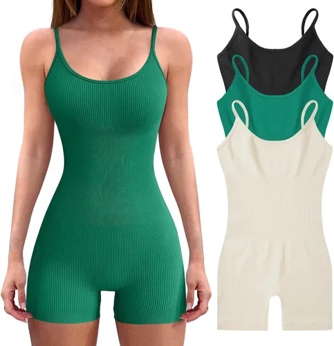 VINGOSTAR 3pcs Womens Bodysuit Yoga Workout Romper One Piece Outfits Ribbed Sleeveless Going Out Bodycon Jumpsuit Shorts