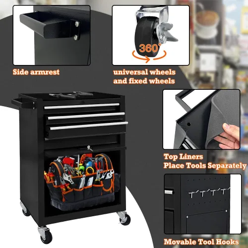 Vista 5 de Cofre de herramientas de 13 cajones con ruedas, armario de almacenamiento de herramientas de gran capacidad con caja de herramientas superior Negro