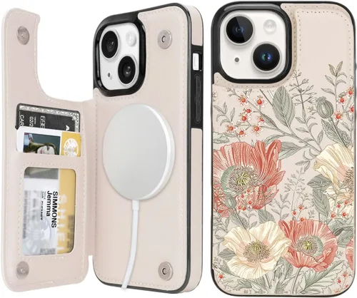 Vista 33 de uCOLOR Funda de piel con tapa para tarjetas compatible con iPhone 13 6.1, iPhone 14 6.1, mujeres y niñas con tarjetero y función atril