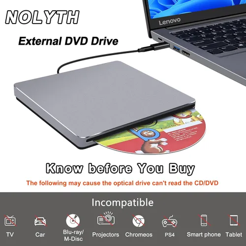 Vista 7 de NOLYTH Unidad de CD externa para Mac: USB C reproductor de grabadora de DVD SuperDrive para portátil Windows Apple Plug & Play Copia de seguridad