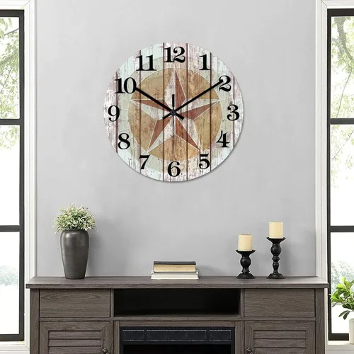 Vista 6 de Reloj de pared rústico de estilo rústico con estrella de Texas occidental, estilo antiguo, reloj de madera silencioso sin tictac, funciona